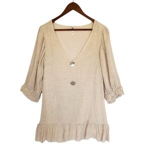 Indikah Linen‎ Blend V-Neck Ruffle Fray Tunic Top Beige Cream M Boho Cottage